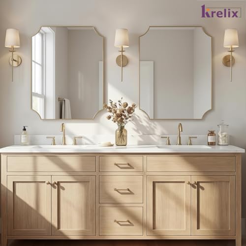 Image of 12x18 Inch Gold Scalloped Vanity Mirror - Brushed Antique Finish with Anti-Rust Plastic Frame, Elegant Wall-Mounted Bathroom Mirror for Home Decor & Remodel