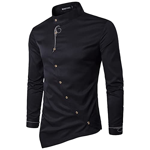 Mymyguoe Chemise brodée pour homme, chemise slim fit pour mariage, style gothique, manches longues asymétriques, élégante, col montant, chemise décontractée et...