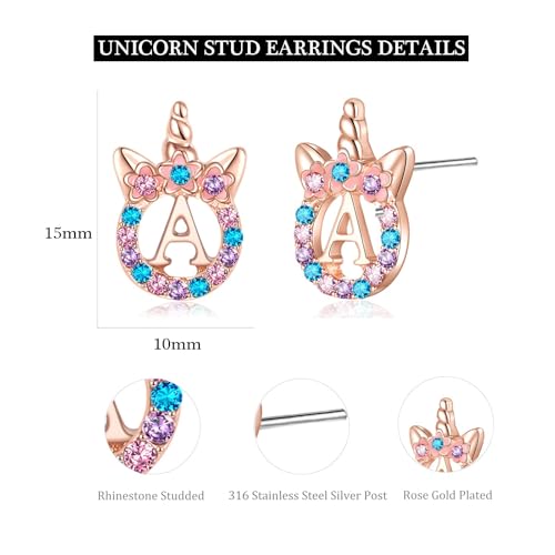 Cute Initial Unicorn Hypoallergenic Stud Earrings Rhinestone Initial Letter Stud Earrings for Girls Unicorns Jewelry Gifts for Kids3