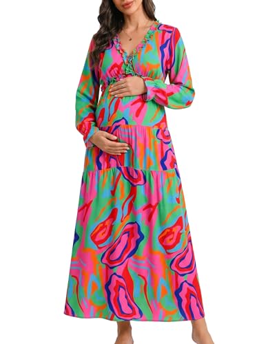 Image of BLENCOT Womens Casual Boho Floral Printed V Neck Long Sleeve Long Maxi Dress Spring Summer Dresses