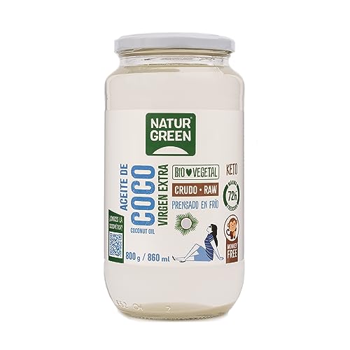 NaturGreen - Aceite de Coco Bio, Virgen Extra, Ideal para Cocinar, Hidrata Piel y Cabello, Ingredientes Naturales, Apto para Veganos - 860ml/ 800g