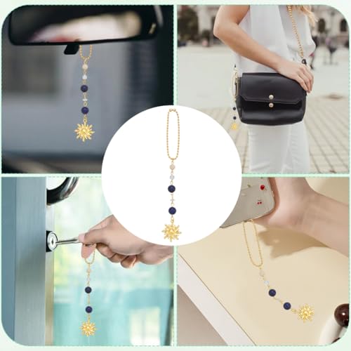 CREATCABIN Sonnen Anhänger Aufhängen Auto Rückspiegel Zubehör Boho Stil Natürliche Edelsteinperlen Baumelnder Anhänger Dekoration Für Autozubehör Ornament Tasche Handyhülle Tür Fenster Tiefblau 17cm