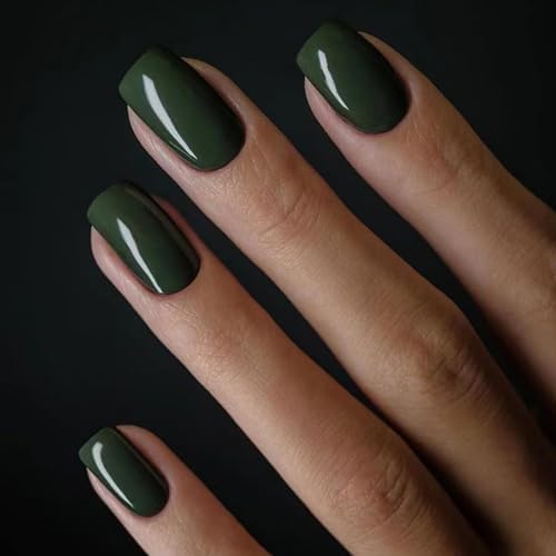Ceboic 24 Pièces Faux Ongles Court Soft Gel Carré Acrylique Faux Ongles Autocollants Pleine Couverture Ongles à Coller French Press on Nails pour Femmes et Filles DIY Nail Art - Vert Foncé