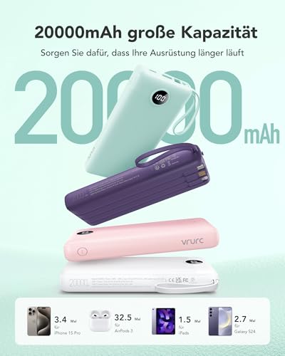 VRURC Powerbank, Power Bank 20000mAh mit Kabel USB C Schnelles Aufladen 22.5W Tragbares Ladegerät Fast Charging mit LED Display Externer Handyakkus Kompatibel mit iPhone, Huawei usw 4