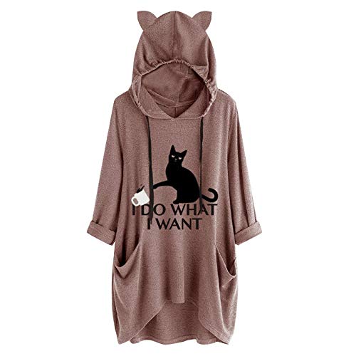 ZJRXM Women Cute Cat Ear Hoodie Sweatshirt Lightweight Cat Printed Pocket Pullover Tops Blouse Loose Fit Long Sleeve Shirt Pink