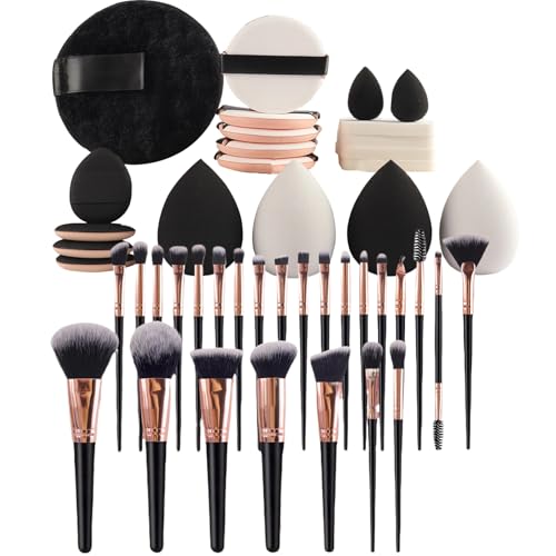 Juego de brochas de maquillaje portátiles, 45 piezas, juego de brochas de maquillaje ligeras, tamaño de viaje, con puf para polvo, para mujer, idea de regalo para hermana, hija, novia