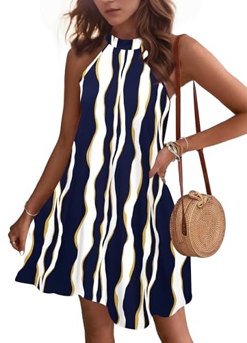 WNEEDU Robe d'éte Femmes Robes Plage Court Robe Col Licou sans Manches Décontracté avec Poches Bandes Jaunes Bleu L