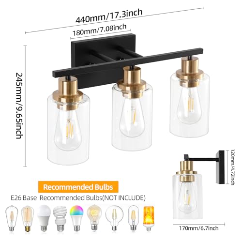 Image of Bathroom Light Fixture Black Gold Vanity Lights Over Mirror, 3 Light Wall Sconces Lighting with Clear Glass Shades, Modern Wall Lights Wall Lamp for Mirror, Hallway Kitchen Bedroom Cabinet