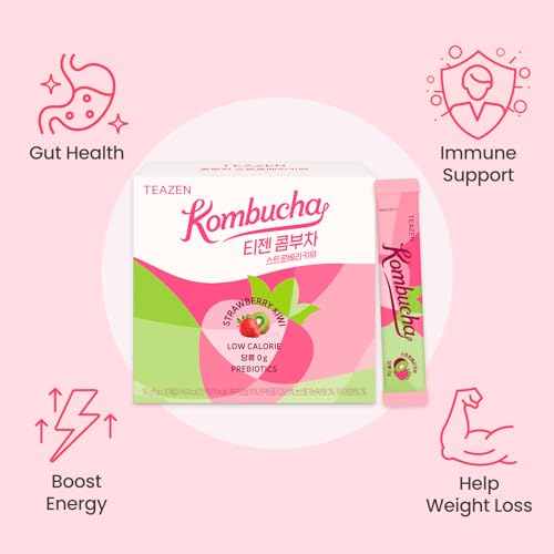 TEAZEN Strawberry Kiwi Kombucha Powder, Hydration Drink Mix, Sugar Free, Live Probiotics & Prebiotics, On-the-Go 30 Packets, 5.29oz