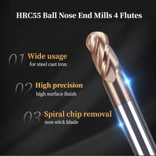 Image of Ball Nose End Mill 4 Flute TISIN Coated CNC Milling Cutter Set | 2pc carbide router bits with 3 /4'' diameter and shank suitable for machining iron up to HRC55 hardness for CNC processing