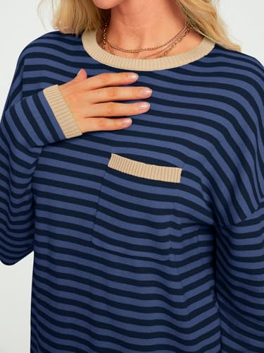 Image of LILLUSORY Womens Striped Soft Knit Pullover Sweater Loose Fit Shirts with Chest Pocket