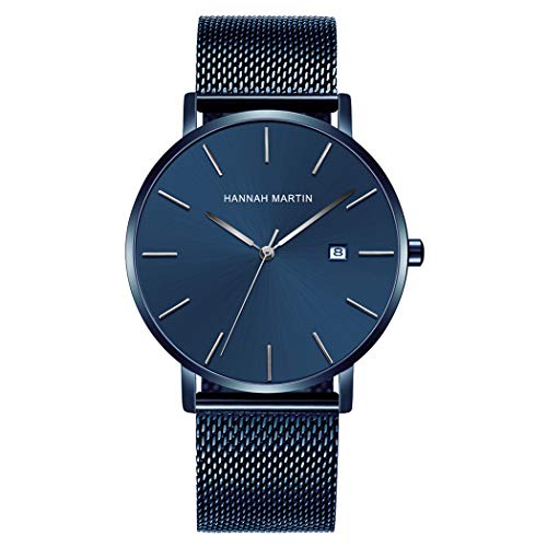 Allskid Hommes Montres Acier Inoxydable Engrener Bracelet de Montre Minimaliste Cadran avec Calendrier Quartz Décontractée Montres-Bracelets (40mm, Bleu+Argent) Cover