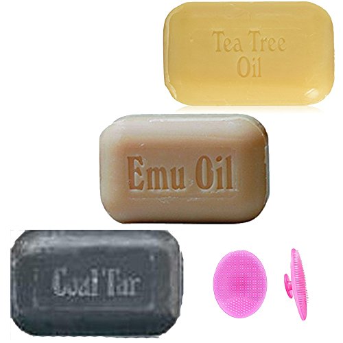 Soap Works Natural Bar Soap 3-pc Variety Pack: Coal Tar Black Soap + Emu Oil Soap + Tea Tree Oil Soap + Adams Brand Exfoliating Pad - One of the Best Gluten Free Organic Bath Soaps, Great for Gifts!