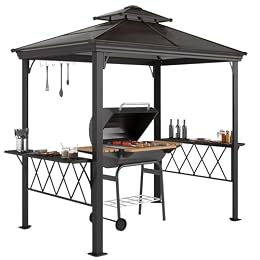 Outsunny 9 x 5 ft. Grill Gazebo, Hardtop BBQ Gazebo Canopy with 2-Tier Polycarbonate Roof, Shelves, Serving Tables, and Hooks, for Backyard, Patio, Lawn, Coffee