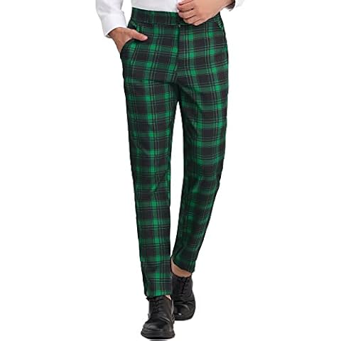 Lars Amadeus Men's Black and Green Plaid Dress Pants Flat Front Business Trousers Checked Suit Pants 28 Green Cover