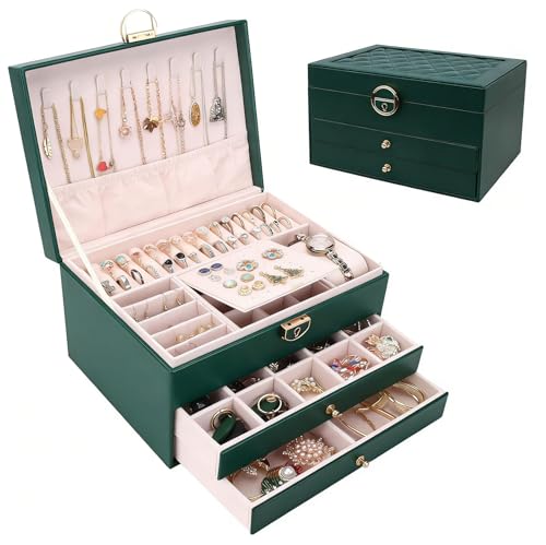 PENRUNKA Organizador Joyeros Mujer 3 Niveles Cuero PU con 2 Cajones, Grande Joyero Viaje Cajones Niña Verde Vintage para Anillos, Pendientes, Collares, Pulsera