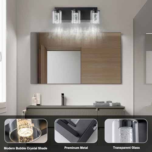 Image of SineRise Bathroom Vanity Light with 3 Color Modes (3000K /4000K /6000K), Eye Protection LED Bathroom Light Fixture, Dimmable Modern Wall Light Over Mirror with Clear Glass Shade (Black, 3-Light)