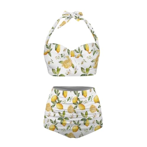 Annejudy Lemon Print Women Two Piece Swimsuit Push Up Bikini Set High Waisted Tummy Control Bathing Suits Halter Top with Elastic Bottom Swimming Travel S-XXL, Black