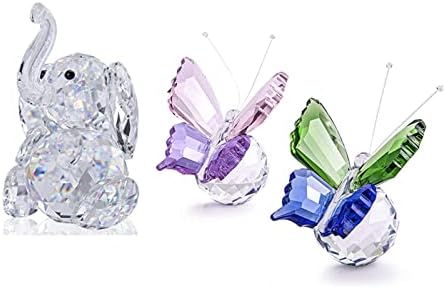 H&D HYALINE & DORA Mariposa voladora de cristal hecha a mano con base de bola y linda colección de figuras de elefante, adorno de vidrio cortado,