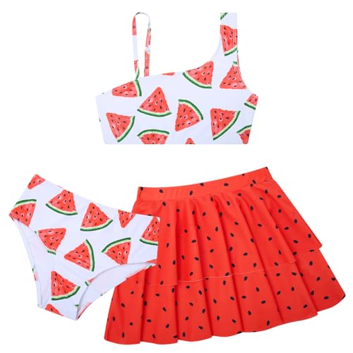 RAISEVERN Girls Bathing Suit 5T 3 Piece Swimsuit Size 6 Adjustable Spaghetti Strap Watermelon Bikini Sets with Ruffle Cover Ups Beach Skirt Cute Quick Dry Tankini Summer Swimwear