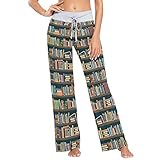 CHIFIGNO Retro Library Bookshelf Bookworm Women's Pajama Pants Sleepwear Lounge Pajama Bottoms Wide