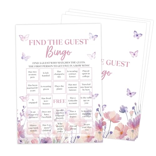 Serach Butterfly Find The Guest Bingo Game, Pack of 30 Game Cards, Purple, 5' x 7' x 0.4', All Ages, Unisex, Baby Shower & Gender Reveal Party Decorations