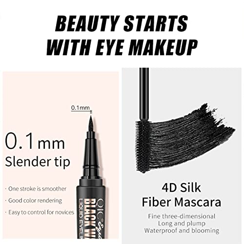 2 in 1 Mascara de Pestañas 4D Waterproof, con Fibras de Seda, Máscara de Larga Duración para Definición y Volumen + Delineador líquido de ojos a prueba de agua, negro