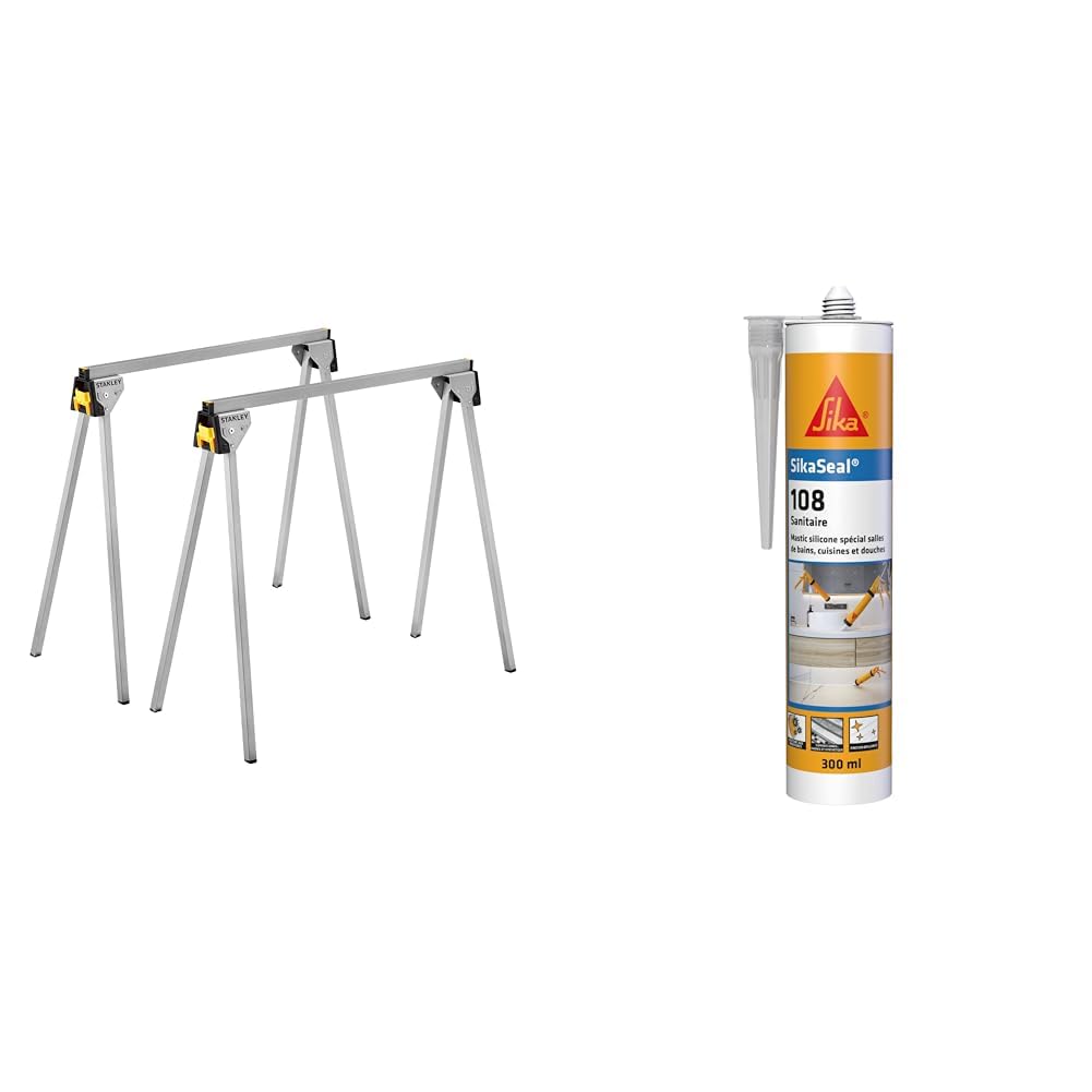 Stanley STST81337-1 Paire de tréteaux en métal & SikaSeal 108 Sanitaire Transparent, Mastic Cuisine & Salle de Bain Anti-Moisissures