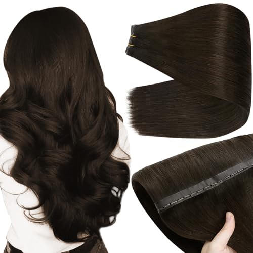 Image of Full Shine Butterfly Weft Hair Extensions 18 Inch 100G Dark Brown | Invisible Pu Hole Weft, Straight Hand Tied Extensions, Dark Brown, Remy Human Hair, Office Styling