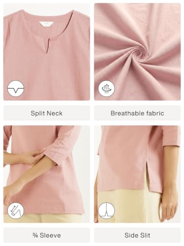 Image of SAADAA Airy Linen Split Neck Short Kurta for Women | Casual & Office Wear | 3 /4 Sleeves, Comfortable Fit | Elegant Top | Lightweight & Breathable Fabric |