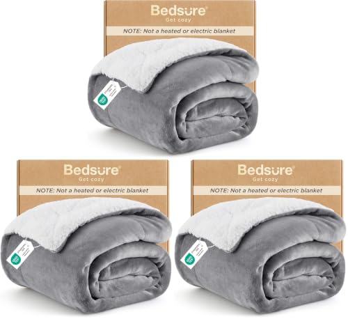 Image of Bedsure GentleSoft Sherpa Fleece Twin Blanket for Couch, Non-Heated, Thick and Warm Throw for Women and Men, Soft Fuzzy Plush Blanket for Winter, Grey, 60x80 Inches (Pack of 3)