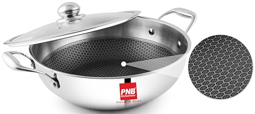 Image of PNB Kitchenmate Triply Stainless Steel Hybrid Non-Stick Kadhai with Glass Lid, 22cm (2L) | Heavy Bottom Induction Deep Karahi for Indian Cooking | Stay-Cool Handles & 2.5mm Thick | 5-Year Warranty