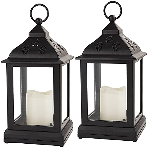 Bright Zeal 2-Pack 9.5" Black Indoor Candle Lantern with LED Flameless Candle and Timer - Decorative Indoor Lanterns For Home Decor - Hanging Lanterns Battery Powered LED Decorative Table Top