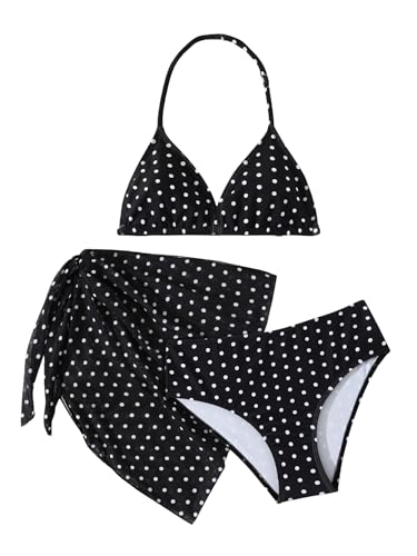 Image of SEGT Girl's 3 Piece Striped Bikini Swimwear Cute Swimsuits Bathing Suit High Waisted with Cover Up Beach Skirt