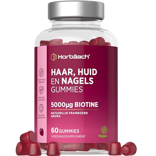 Haar Huid en Nagels Vitamine | met Biotine, Vitamine B8, Vitamine B12, Vitamine C | Hair Skin Nails | 60 Veganistische Gummies met frambozensmaak | Horbaach