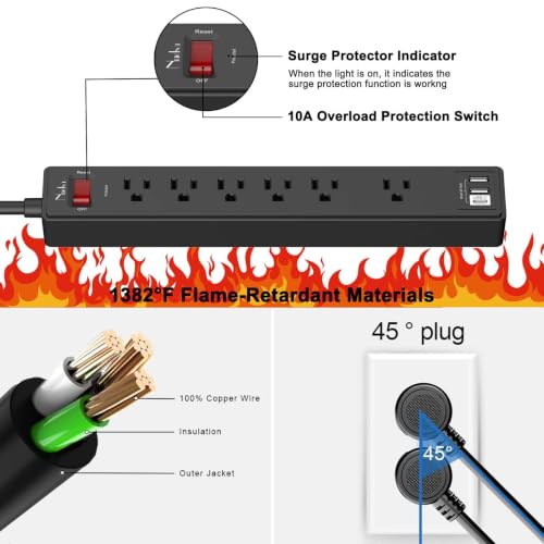 Image of 10Ft Power Strip Surge Protector - Nuetsa Extension Cord with 6 AC Outlets and 3 USB Ports for Home, Office, Dorm Essentials, 1680 Joules, ETL Listed, Black