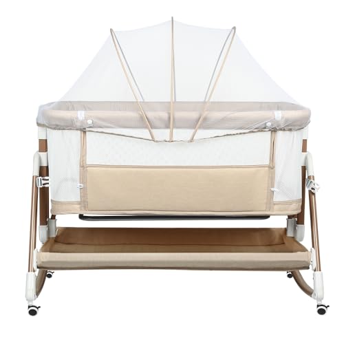 Belfoyer Cuna Colecho Bebé con Colchón y Mosquitera, Altura Ajustable, Cuna Plegable con Ruedas y Función Mecedora, de 0 a 36 Meses（90 * 60 * 90-115cm,Blanco）