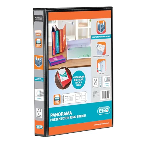 Elba A4 4 D-Ring Binder, 25mm capacity, 40mm spine, Presentation Folder with Customisable Cover, Portrait, Black (Single)