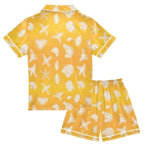 White Starfish Conch Pattern Summer Satin Pajama Set, Cute Button-Down Sleepwear Pj Set for Sleep Wears2