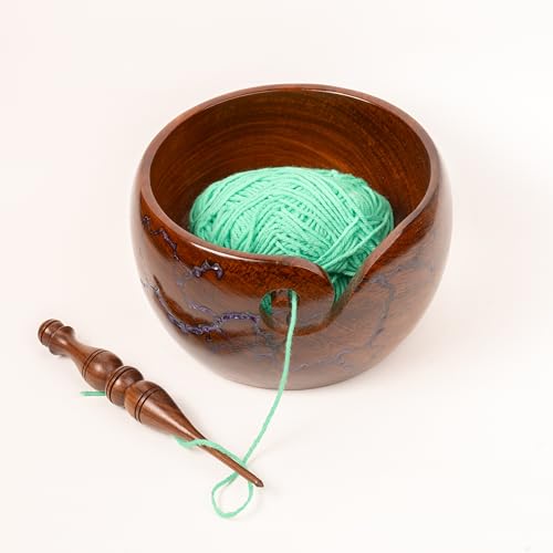 Image of Wooden Yarn Bowl for Crocheting, 7x4 inch Large Crochet Holder Gift Accessories and Knitting Gadgets Supplies Handcrafted with Fractal Wood Burning & Purple Resin Inlay ( Purple 7x4 )