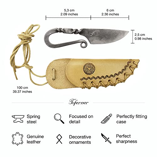 Toferner Celtic Mini Pocket Knife, Hand Forged Knife with Leather Case, Hardened Blade, Vintage, Antique Art Collecting, Original Gift Idea (Bél)