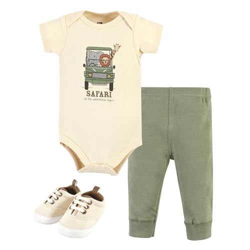 Hudson Baby Unisex Baby Cotton Bodysuit, Pant and Shoe Set, Going On Safari Short Sleeve, Newborn