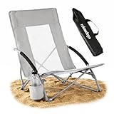 Relaxdays Strandstuhl faltbar, Tasche, Getränkehalter, 135 kg, Mesh-Design, Leichter Klappstuhl, Polyester, Metall, grau