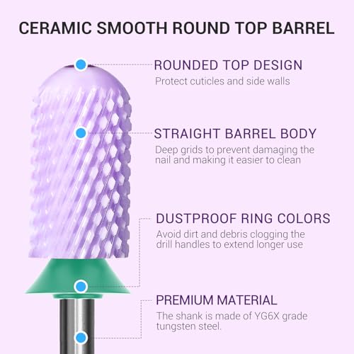 Image of MelodySusie Ceramic Nail Drill Bit, 3 /32'' Smooth Round Top Large Barrel Bits, Suitable for Manicure Pedicure Cuticle Gel Polishing, Beginners Bits, Purple, Series Bit-S, Coarse