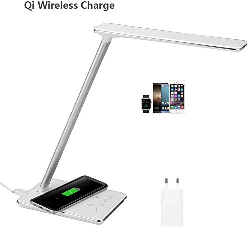 AGM Lampe de Bureau, Base de Chargeur Sans-fil Qi, 4 Modes d'Eclairage, 7 Niveaux de Luminosité, Contrôle Tactile, Fonction de Minuterie, USB Port, Adapteur AC, LED Lampe Pliante pour Chambre
