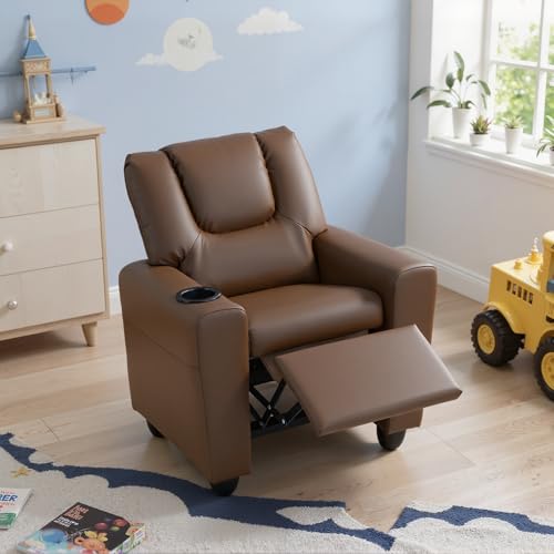 Image of HONEY JOY Kids Recliner, 2-in-1 Toddler Armrest Sofa Couch with Cup Holders, Adjustable Footrest, PU Leather, Child-Size Recliner Chair for Boys Girls Age 3+ (Brown)