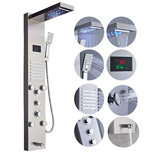 Votamuta Brushed Nickel LED Light Rainfall Shower Panel Wall Mounted Three Handles Shower