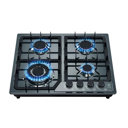 Recopilación de Estufas para Empotrar - los preferidos. 44 AI4BN - AVERA Parrilla de gas 4 quemadores, Superficie Acero Inoxidable negro 59 cm, Estufa empotrable o sobre encimera, Incluye manguera y espreas para gas LP o Natural | AI4BN