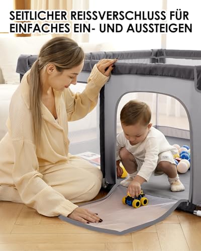 derimkcoa Laufstall Baby,Laufgitter Baby,Kinderzaun mit Atmungsaktivem Netz,Tragbarer Laufstall für Drinnen und Draußen(150x180x66cm,Grau)