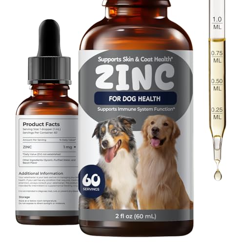 Zinc Drops for Dogs - Liquid Zinc Supplement for Skin & Coat Health Immune Support Trace Mineral Bacon Flavored Dog Supplement Easy Daily Zinc for Dogs 2 fl oz (60 mL)
